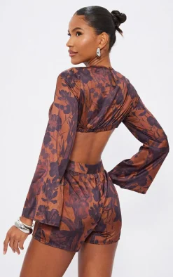 Brown Abstract Printed Flared Sleeve Cut Out Romper