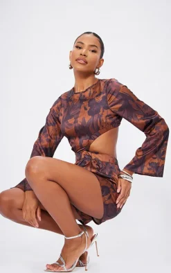 Brown Abstract Printed Flared Sleeve Cut Out Romper