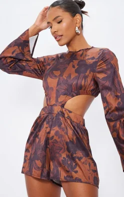 Brown Abstract Printed Flared Sleeve Cut Out Romper
