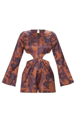Brown Abstract Printed Flared Sleeve Cut Out Romper
