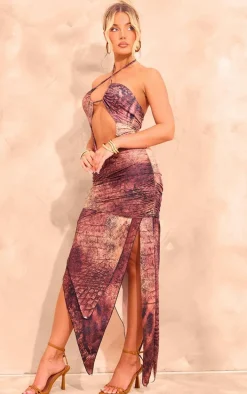 Brown Abstract Printed Slinky Halterneck Cut Out Maxi Dress