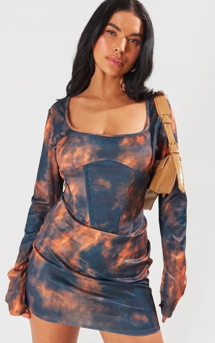 Brown Abstract Rib Corset Seam Square Neck Mini Bodycon Dress