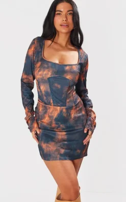 Brown Abstract Rib Corset Seam Square Neck Mini Bodycon Dress