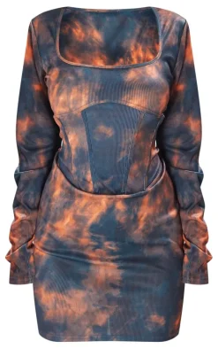 Brown Abstract Rib Corset Seam Square Neck Mini Bodycon Dress