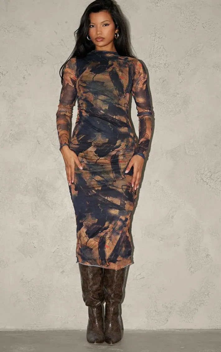Brown Abstract Ruched Mesh Long Sleeve Midi Dress