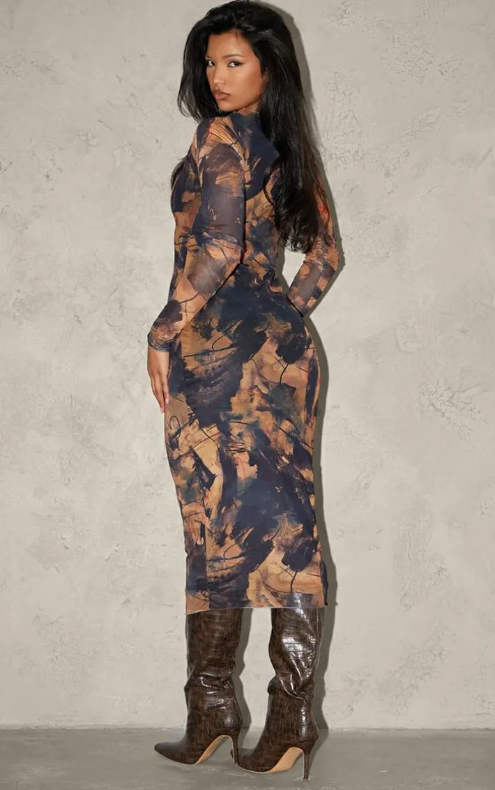Brown Abstract Ruched Mesh Long Sleeve Midi Dress