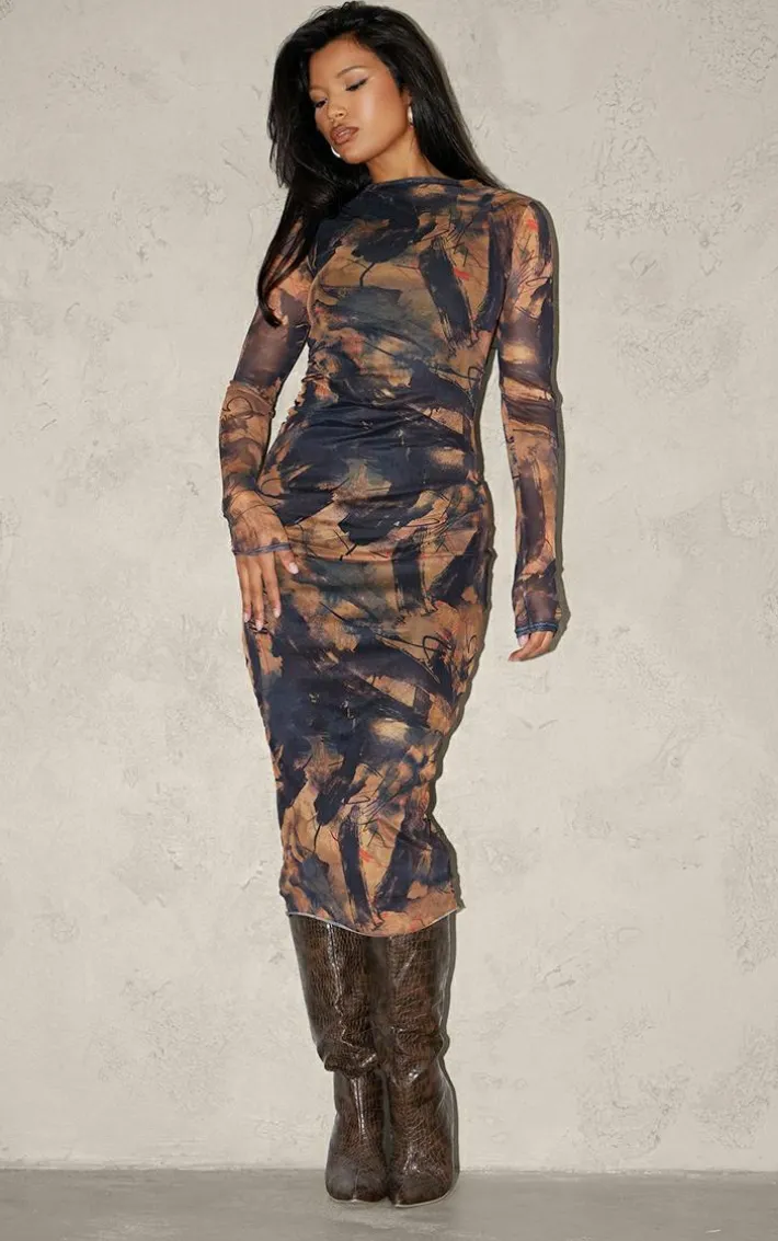 Brown Abstract Ruched Mesh Long Sleeve Midi Dress