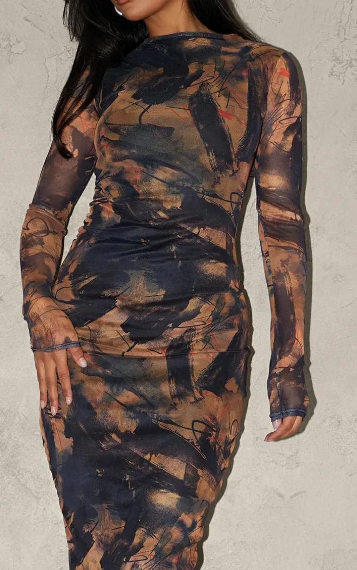 Brown Abstract Ruched Mesh Long Sleeve Midi Dress