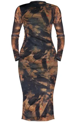 Brown Abstract Ruched Mesh Long Sleeve Midi Dress