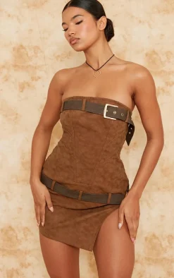 Brown Acid Wash Belt Detail Split Hem Bodycon Dress