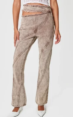 Brown Acid Wash Frayed Edge Cut Out Asymmetric Flared Denim Jeans