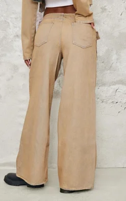 Brown Acid Wash Pocket Detail Frayed Hem Wide Leg Jean