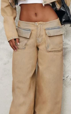 Brown Acid Wash Pocket Detail Frayed Hem Wide Leg Jean