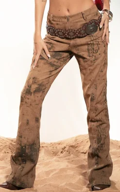 Brown Acid Wash Studded Detail Flare Jeans