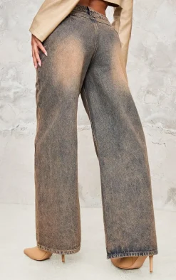 Brown Acid Wash Tinted Wide Leg Jeans