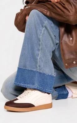 Brown and Cream Pu Contrast Panel Lace Up Sneakers