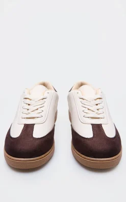 Brown and Cream Pu Contrast Panel Lace Up Sneakers