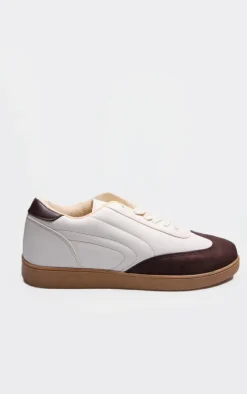 Brown and Cream Pu Contrast Panel Lace Up Sneakers