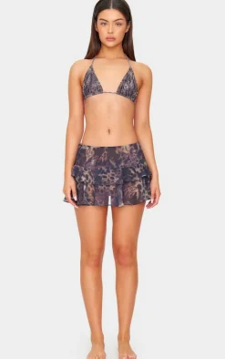 Brown Animal Print Chiffon Ruffle Mini Beach Skirt