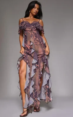 Brown Animal Print Cold Shoulder Ruffle Detail Maxi Dress