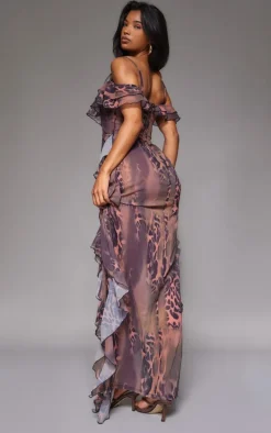 Brown Animal Print Cold Shoulder Ruffle Detail Maxi Dress