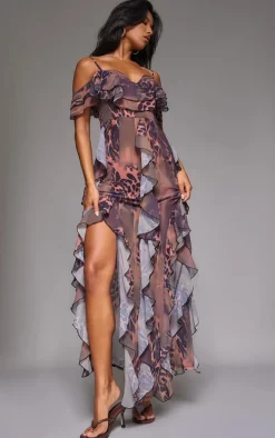 Brown Animal Print Cold Shoulder Ruffle Detail Maxi Dress
