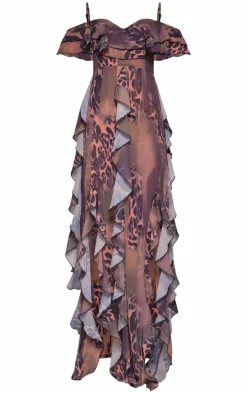 Brown Animal Print Cold Shoulder Ruffle Detail Maxi Dress