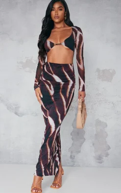 Brown Animal Print Mesh Cup Detail Long Sleeve Maxi Dress