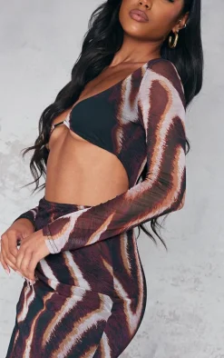 Brown Animal Print Mesh Cup Detail Long Sleeve Maxi Dress