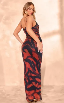 Brown Animal Print Mesh Cowl Neck Lace Cup Detail Maxi Dress