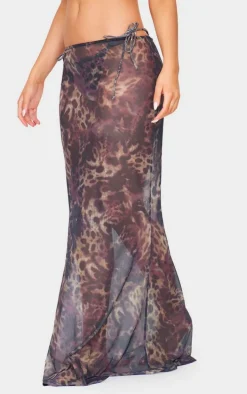 Brown Animal Print Mesh Fishtail Maxi Skirt