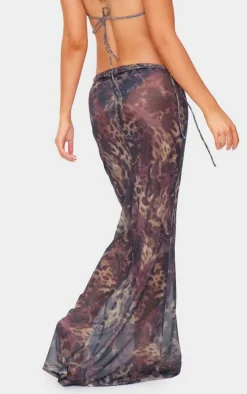 Brown Animal Print Mesh Fishtail Maxi Skirt
