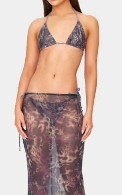 Brown Animal Print Mesh Fishtail Maxi Skirt