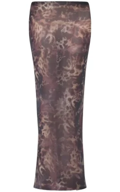 Brown Animal Print Mesh Fishtail Maxi Skirt