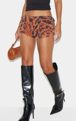 Brown Animal Printed Mesh Frilly Low Rise Bloomer Shorts