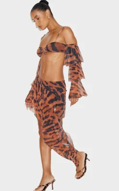 Brown Animal Printed Mesh Rara Asymmetric Maxi Skirt