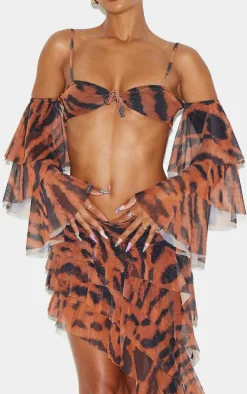 Brown Animal Printed Mesh Rara Asymmetric Maxi Skirt