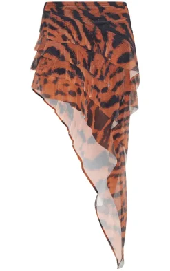 Brown Animal Printed Mesh Rara Asymmetric Maxi Skirt