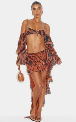 Brown Animal Printed Mesh Rara Waterfall Hem Maxi Skirt