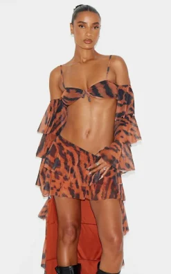 Brown Animal Printed Mesh Rara Waterfall Hem Maxi Skirt