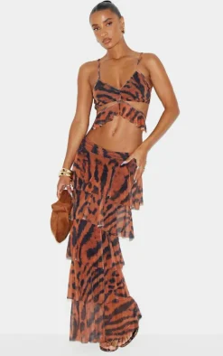 Brown Animal Printed Mesh Rara Maxi Skirt