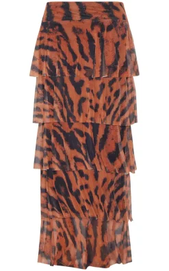 Brown Animal Printed Mesh Rara Maxi Skirt
