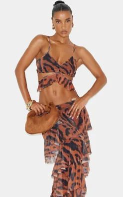 Brown Animal Printed Mesh Frill Wrap Detail Crop Top