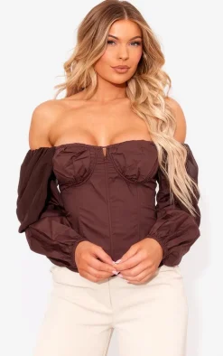 Brown Bardot Sleeve Chiffon Insert Shirt
