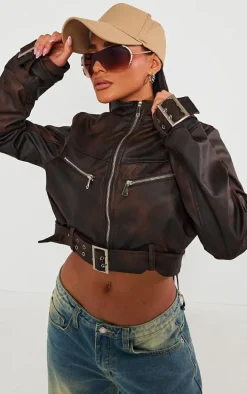 Brown Bleach Effect Faux Leather Belt Detail Biker Jacket