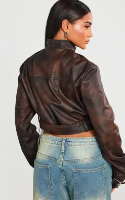 Brown Bleach Effect Faux Leather Belt Detail Biker Jacket