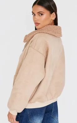 Brown Borg Faux Suede Bomber Jacket