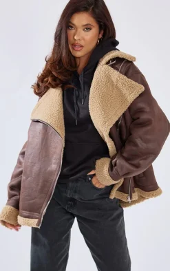 Brown Borg Lined Buckle Collar Oversized Aviator