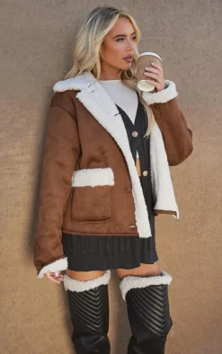 Brown Borg Lined Faux Suede Coat