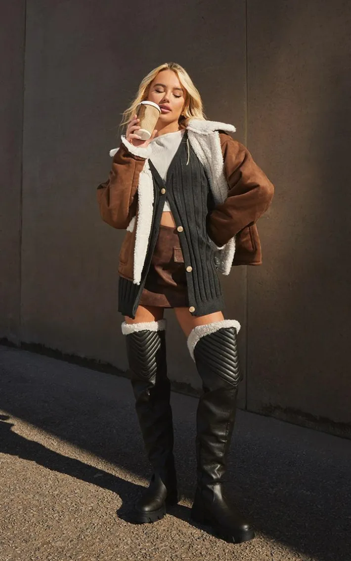 Brown Borg Lined Faux Suede Coat